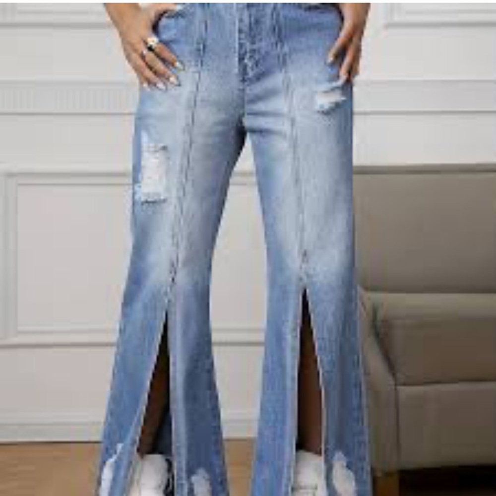 Denim CoLab Blue Distressed Front Slit Frayed Flare Jeans